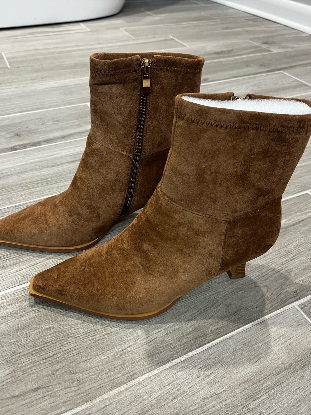 Amazon Brown Suede Pointed Ankle Booties with Low Kitten Heel